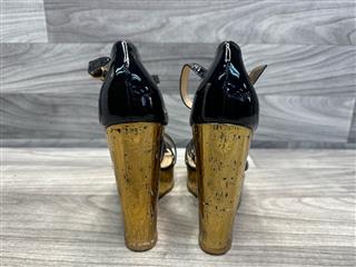 Yves Saint Laurent Black Patent Leather Gold Wedges, Size 42 (US 11)